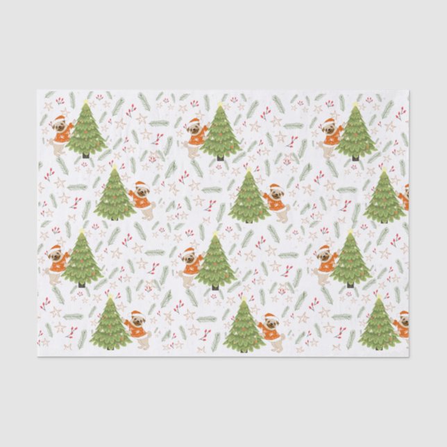 Weihnachtsbäume und Mops-Hundemuster Seidenpapier (Vorderseite)