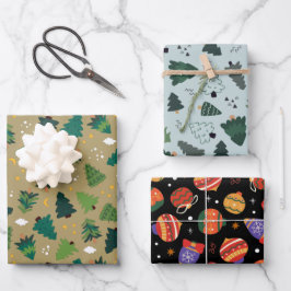 Weihnachtsbäume und Ornamente Set von 3 Feiertagen Geschenkpapier Set
