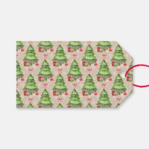 Weihnachtsbäume und rote Bogen Geschenkanhänger