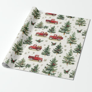 Weihnachtsbäume und rote Lastwagen Geschenkpapier