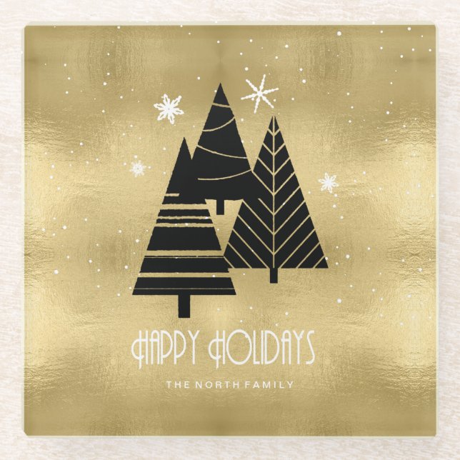 Weihnachtsbäume und Schneeflocken Gold-ID863 Glasuntersetzer (Vorderseite)