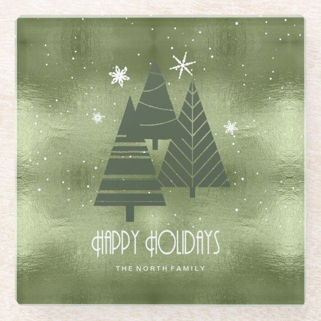 Weihnachtsbäume und Schneeflocken Grün ID863 Glasuntersetzer (Vorderseite)