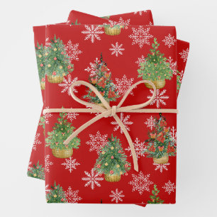 Weihnachtsbäume und Schneeflocken Rot Geschenkpapier Set