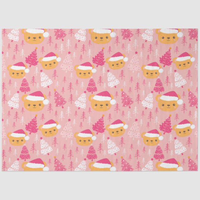 Weihnachtsbäume und Teddy Bears Pink Weihnachten Seidenpapier (Vorderseite)