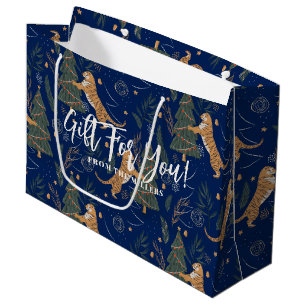 Weihnachtsbäume und Tiger dunkelblauer Hintergrund Große Geschenktüte