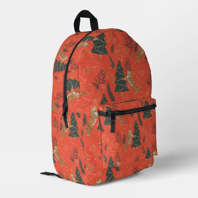 Weihnachtsbäume und Tigermuster Bedruckter Rucksack (Rückseitige Ecke links)