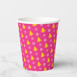 Weihnachtsbäume und weiße Schneeflocken, Fuchsia Pappbecher