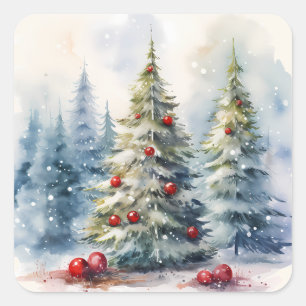 Weihnachtsbäume Winterschneelandschaft Quadratischer Aufkleber
