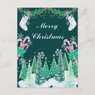 Weihnachtsbäume, Zuckerstangen und Strümpfe  Feiertagspostkarte