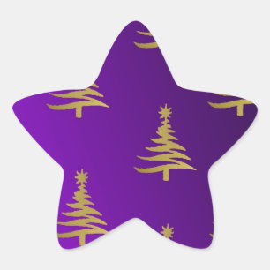 Weihnachtsbaumen Gold auf Lila Stern-Aufkleber