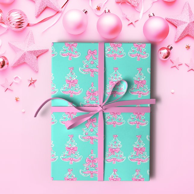 Weihnachtsbaumen in Rosa und Minze Coquette Geschenkpapier (Von Creator hochgeladen)