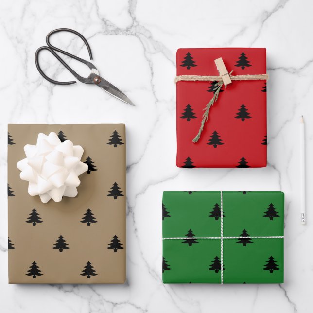 Weihnachtsbaumen, schwarz-grün-braune Krawatte Geschenkpapier Set (Vorderseite)