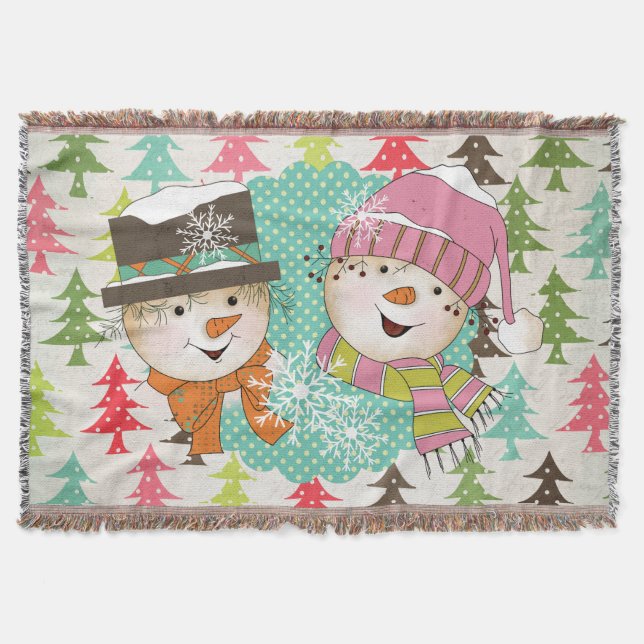 Weihnachtsbaumen Snowmen Holiday Throw Decke (Vorderseite)