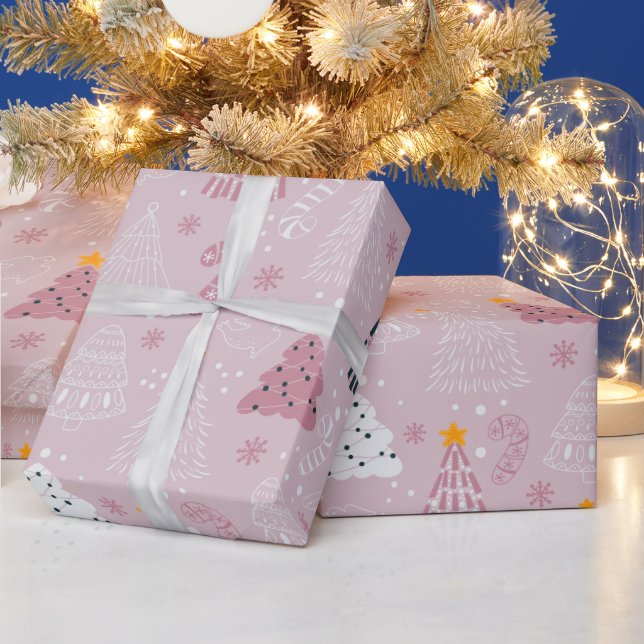 Weihnachtsbaumen Tauben Schneeflocken Rosa Weihnac Geschenkpapier (Feiertage)