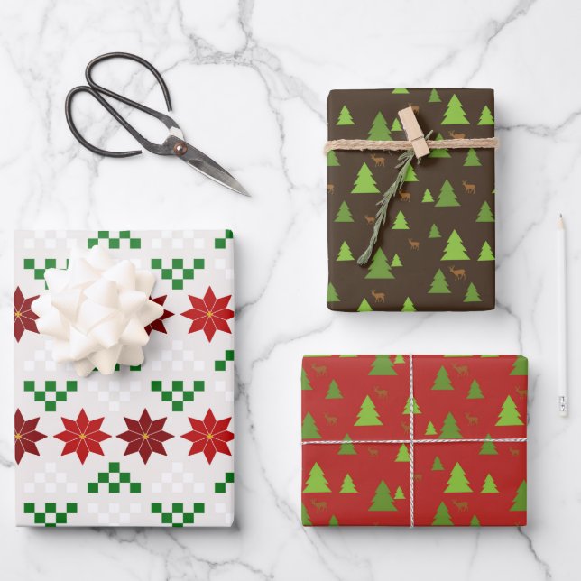 Weihnachtsbaumen und Poinsettias Geschenkpapier Set (Vorderseite)
