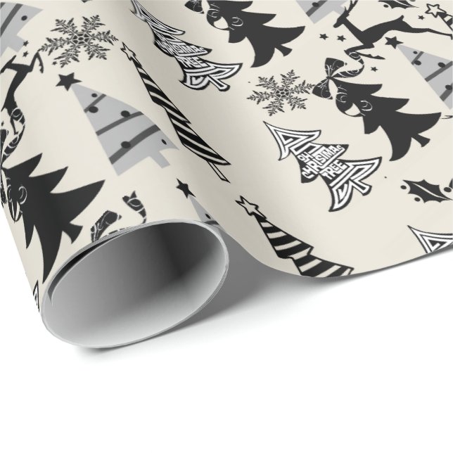 Weihnachtsbaumen Wrapping Papier Beige Schwarz Geschenkpapier (Rolleneckpunkt)