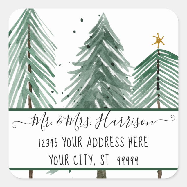 Weihnachtsbaumfarm Modern Star Wasserfarbenadresse Quadratischer Aufkleber (Vorderseite)