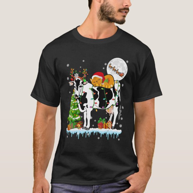 Weihnachtsbaumfarm Santa Cat Ridding Rentierfarm T-Shirt (Vorderseite)