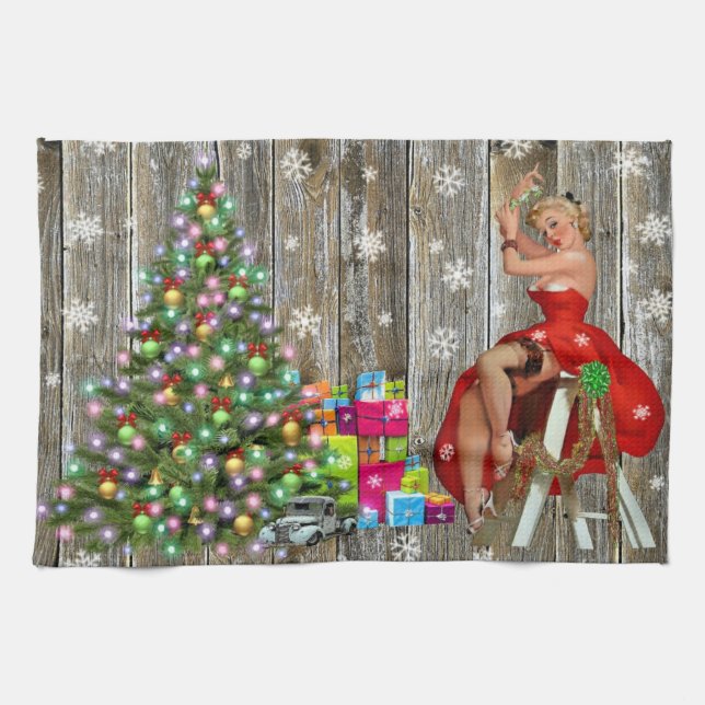 Weihnachtsbaumfrau in Rotem Kleid Rustikale Barnen Geschirrtuch (Horizontal)