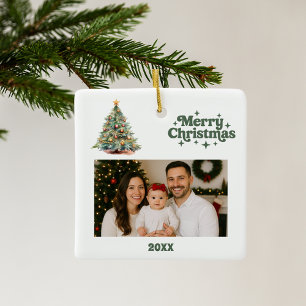 Weihnachtsbaumgrün, weißes Foto Keramikornament