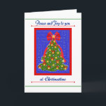 Weihnachtsbaumkarte, Frieden u. Freude, Feiertagskarte<br><div class="desc">Diese Weihnachtskarte kennzeichnet einen verzierten Baum mit einem Bogendeckel,  der durch Wörter vom Lied "O-Weihnachten Tree/O Tannenbaum" umgeben wird. Sie können,  ändern/fügen dem inneren Text hinzu oder fügen ein inneres Foto an keiner zusätzlichen Gebühr hinzu.</div>
