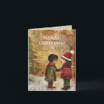 Weihnachtsbaumkinder Winterschnee Feiertagskarte<br><div class="desc">Geschlossene Weihnachtsgrüßkarte mit dem Gemälde zweier im Schnee stehender Kinder vor einem Weihnachtsbaum. Text sagt, "Frohe Weihnachten", aber ist für Ihre eigenen Gruß anpassbar. Personalisiert auf der Rückseite mit Ihrer Nachricht und Ihrem Namen. Kontaktieren Sie mich für Hilfe bei Ihrer Anpassung oder um zusätzliche Matching oder Koordination von Zazzle Produkten...</div>