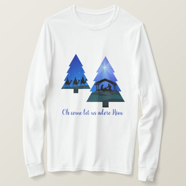Weihnachtsbaumkrippe: Komm, lass uns an Ihn T-Shirt (Design vorne)