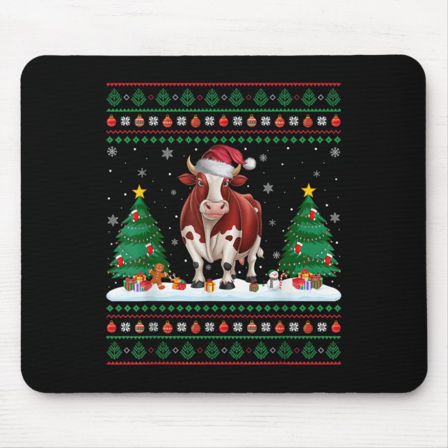 Weihnachtsbaumleuchten Kuh Santa Ugly Xmas Sweater Mousepad (Vorne)