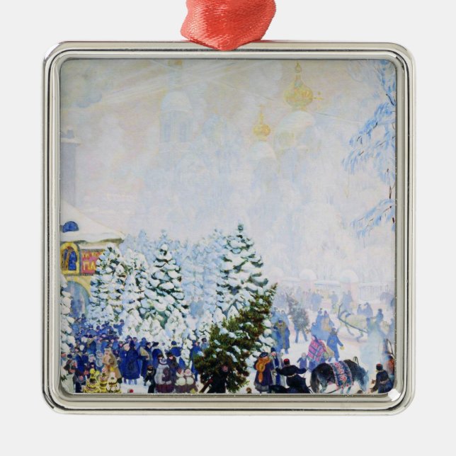 Weihnachtsbaummarkt in Russland (Boris Kustodiev) Ornament Aus Metall (Vorne)