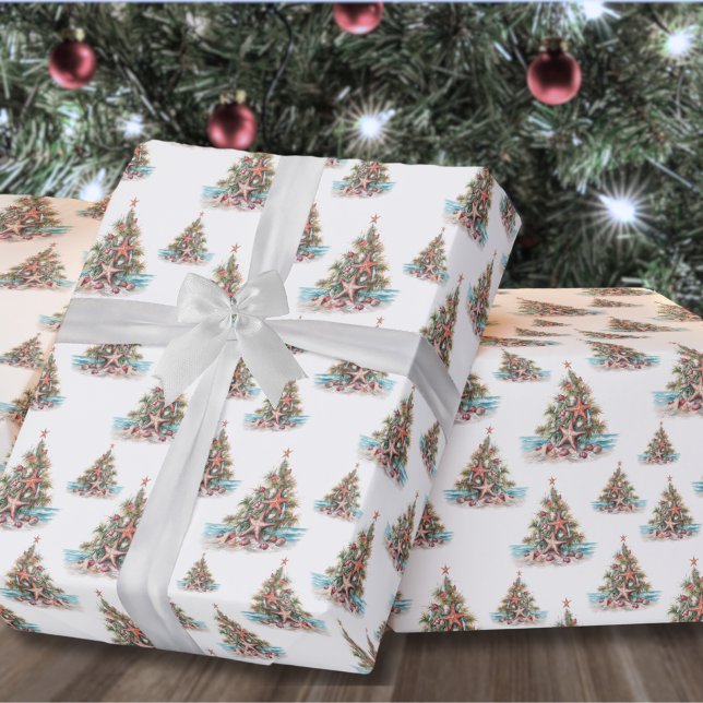 Weihnachtsbaummuster am Strand Geschenkpapier (Beach Shell Christmas Tree Pattern Wrapping Paper)