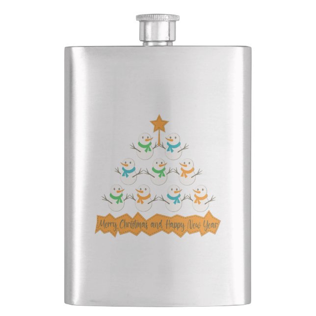 Weihnachtsbaumpyramide aus Weihnachtsschneemännern Flachmann (Vorderseite)