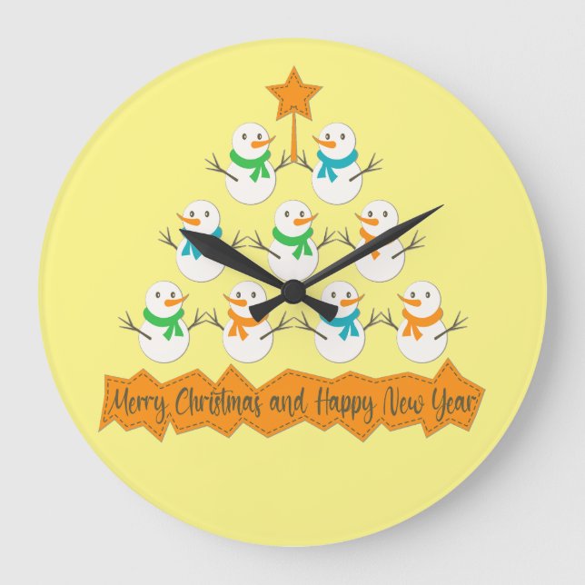 Weihnachtsbaumpyramide aus Weihnachtsschneemännern Große Wanduhr (Vorderseite)