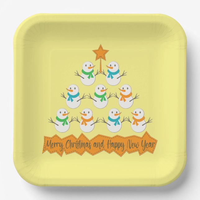 Weihnachtsbaumpyramide aus Weihnachtsschneemännern Pappteller (Vorderseite)
