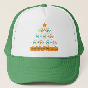 Weihnachtsbaumpyramide aus Weihnachtsschneemännern Truckerkappe