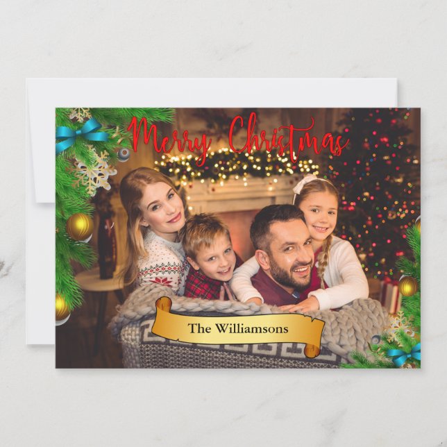 Weihnachtsbaumrahmen mit goldenem Foto Feiertagskarte (Vorderseite)