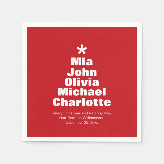 Weihnachtsbaumrot-weiß-Familiennamen Serviette (Vorderseite)