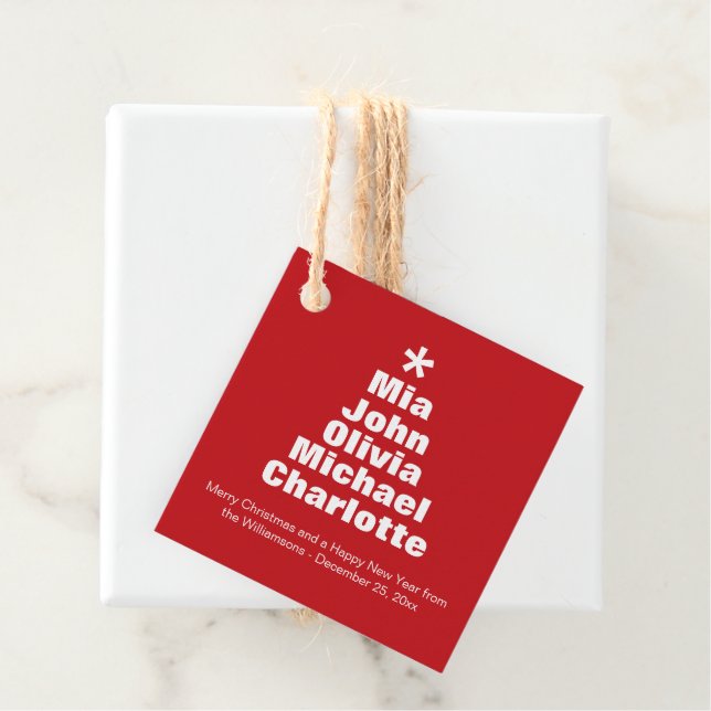 Weihnachtsbaumrot-weiße individuelle Namen modern Geschenkanhänger (Beispiel)