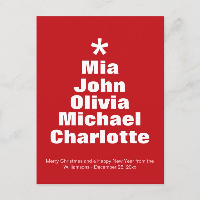 Weihnachtsbaumrot-weiße individuelle Namen modern Postkarte (Vorderseite)