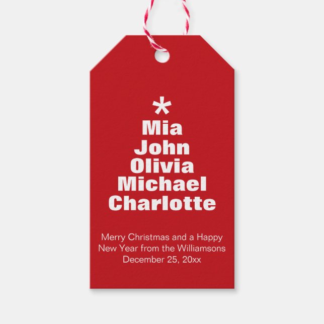 Weihnachtsbaumrot-weiße individuelle Namen Moderne Geschenkanhänger (Vorderseite)