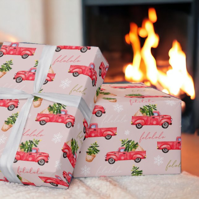 Weihnachtsbaumroter Aquarellwagen Geschenkpapier (Festive Christmas tree red watercolor truck Wrapping Paper on pink)