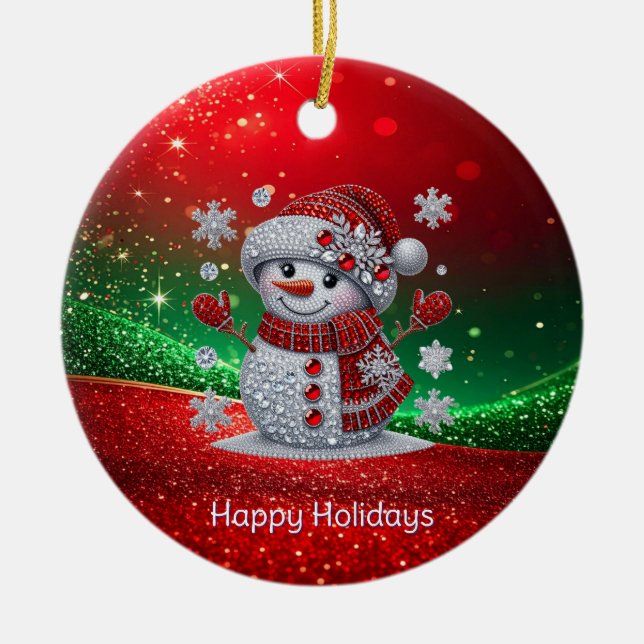 Weihnachtsbaumschmuck aus Rhinestones Schneemann Keramik Ornament (Vorne)