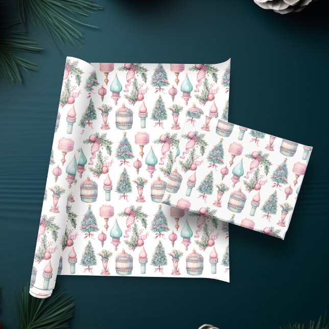 Weihnachtsbaumschmuck Pink Mint Geschenkpapier (Pink Mint Christmas Tree Ornaments Wrapping Paper)