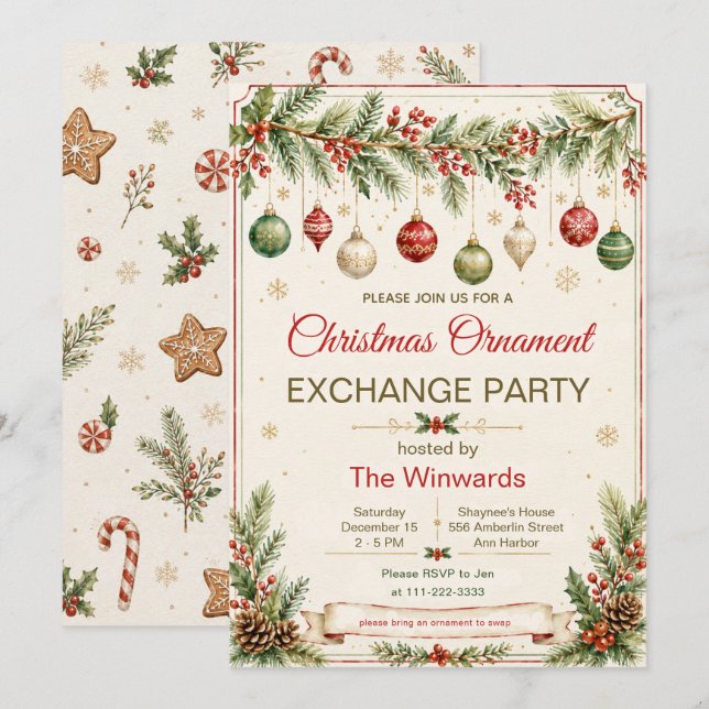 Weihnachtsbaumschmuck-Tauschparty Einladung (Vorne/Hinten)