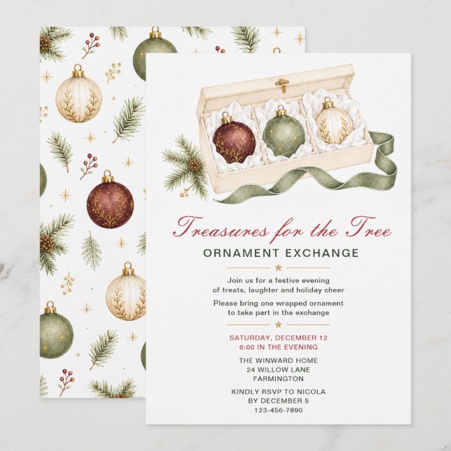 Weihnachtsbaumschmuck-Tauschparty Einladung (Vorne/Hinten)
