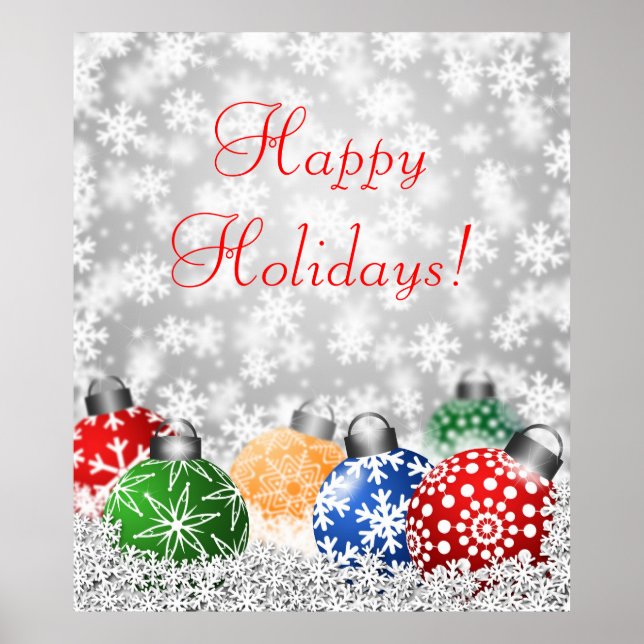 Weihnachtsbaumschmuck über Schneehintergrund Poster (Vorne)