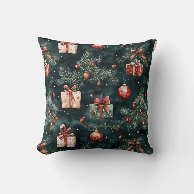 Weihnachtsbaumschmuck und Geschenkmuster Kissen (Vorderseite)