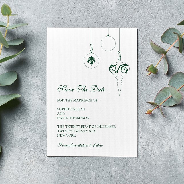 Weihnachtsbaumschmuck Wintergrüne Hochzeit Save The Date (Winter Wedding Christmas Baubles Wedding Save The Date - Pine Green)