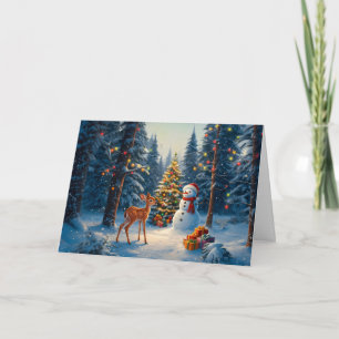 Weihnachtsbaumszene Süßer Hirsch Reh Schneemann Feiertagskarte