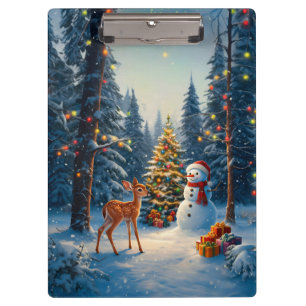 Weihnachtsbaumszene Süßer Hirsch Reh Schneemann Klemmbrett