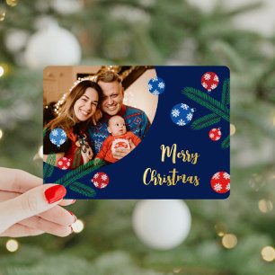 Weihnachtsbaumzweig mit Schneeflockendekorationen Folien Feiertagskarte